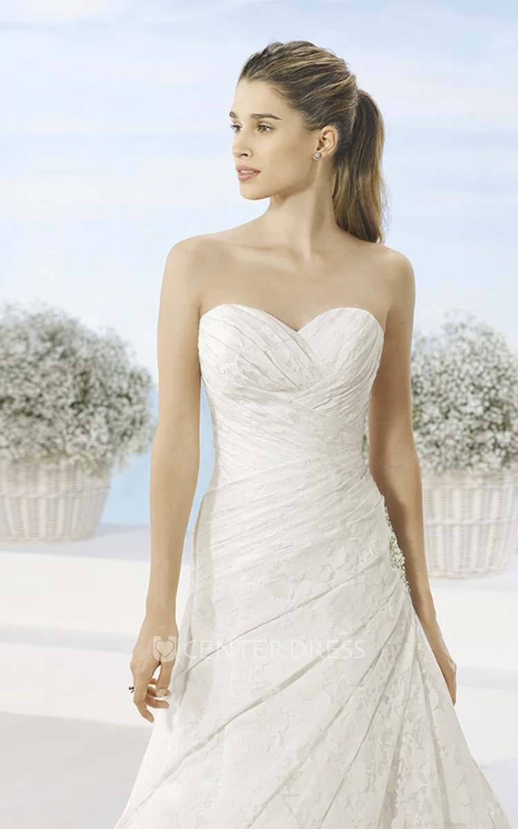 A-Line Long Draped Sweetheart Lace Wedding Dress With Broach