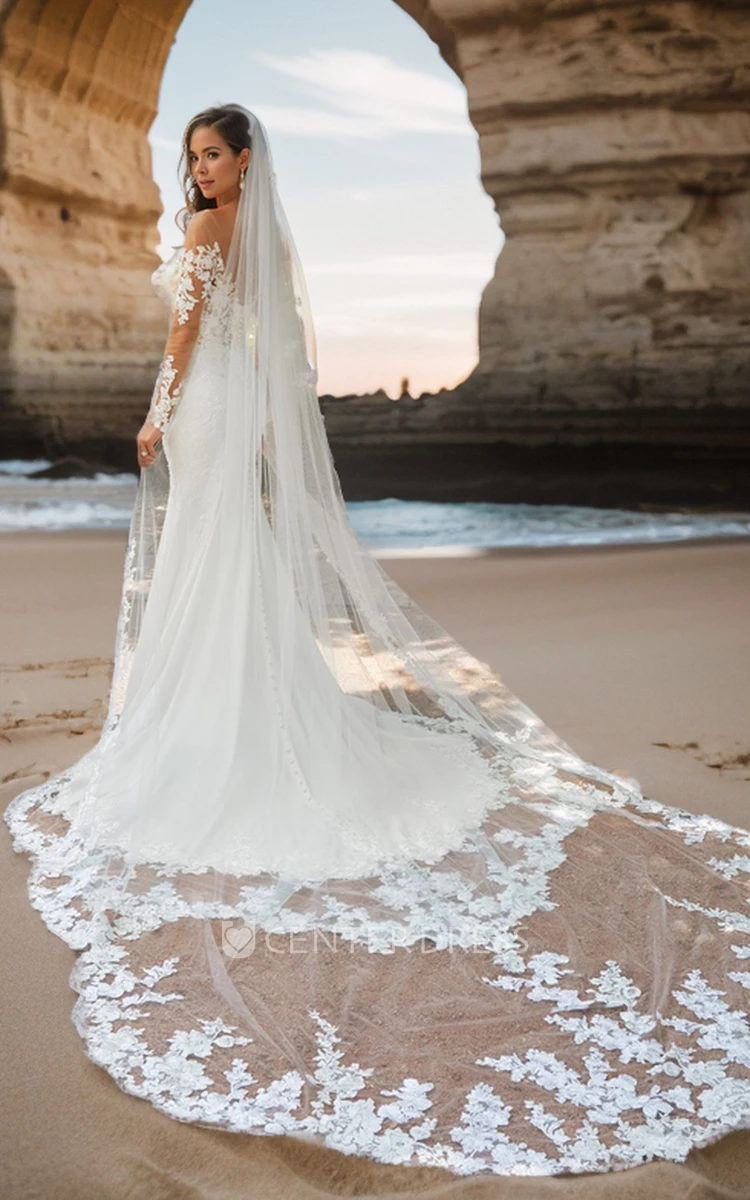 Appliques Long Sleeve Mermaid Off-the-shoulder Floor-length Wedding Dress Bride Gowns