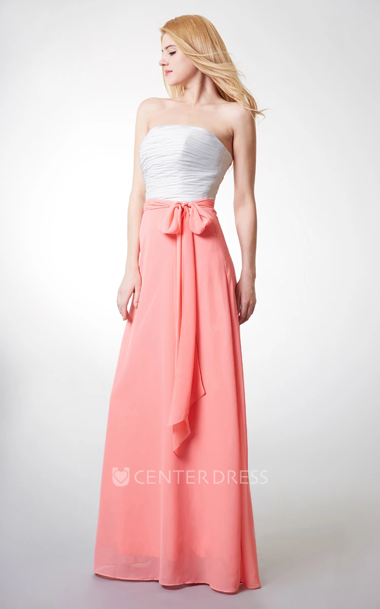 Strapless A-line Ruched Long Chiffon Gown With Sash