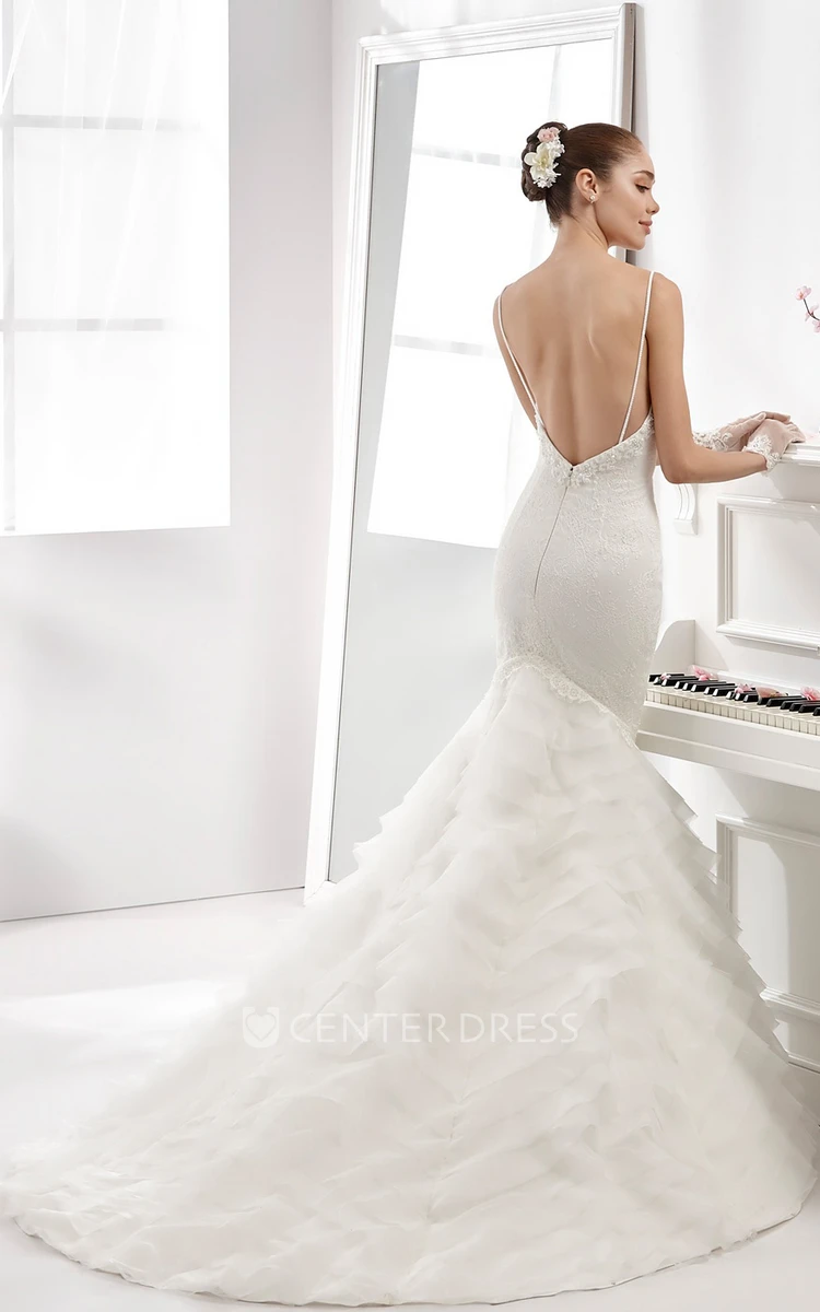 Spaghetti-Strap Sheath Mermaid Gown With Tiers Train And Backless Design