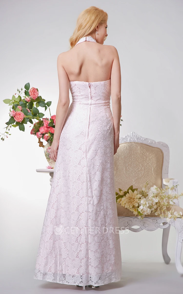 Halter Ruched Long Lace Dress With Flower