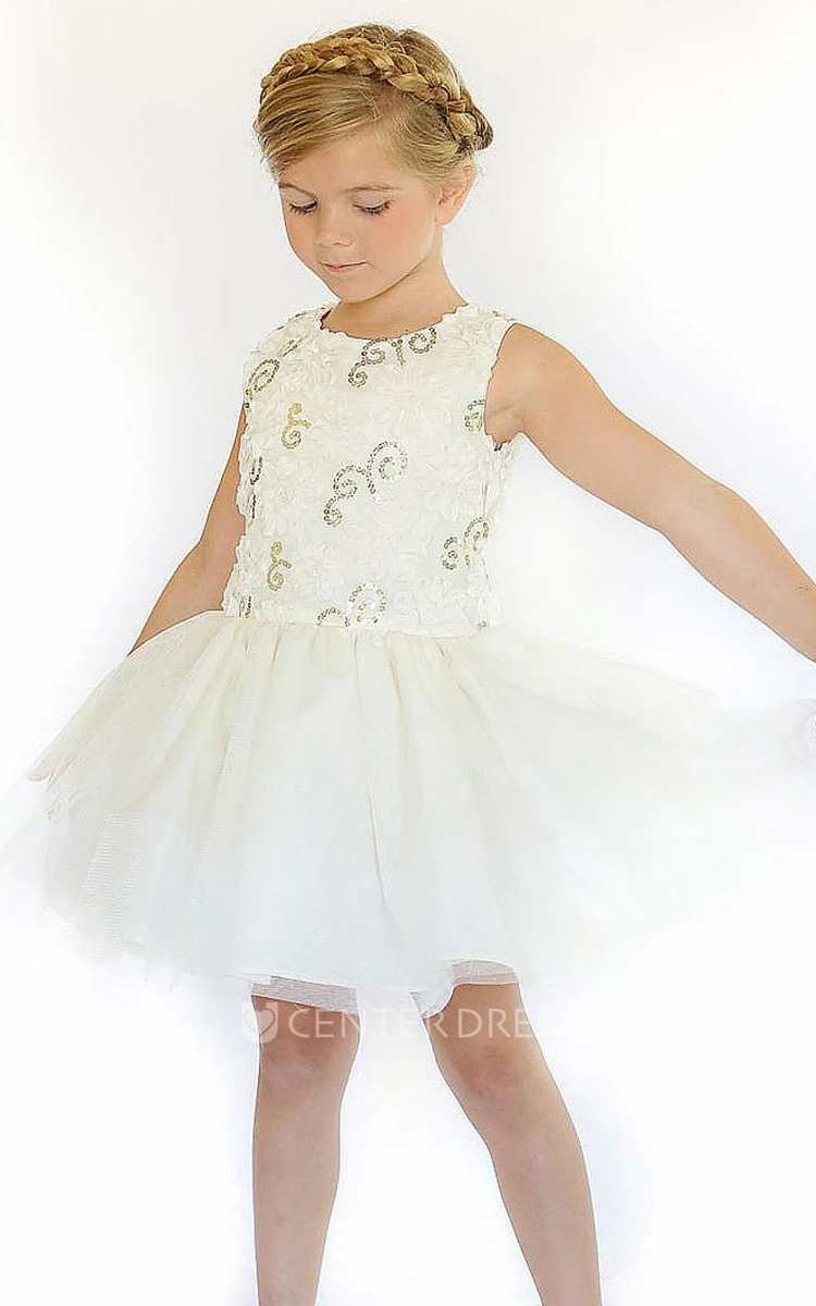 Embroideried Knee-Length Floral Tulle&Sequins Flower Girl Dress With Ribbon