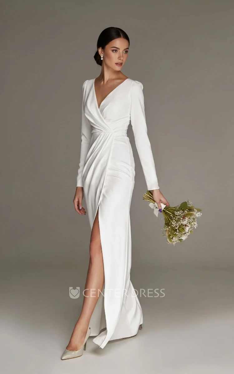 Split Sexy Simple Floor-length Long Sleeve V-neck Sheath Reception Wedding Bride Dress Zipper Back