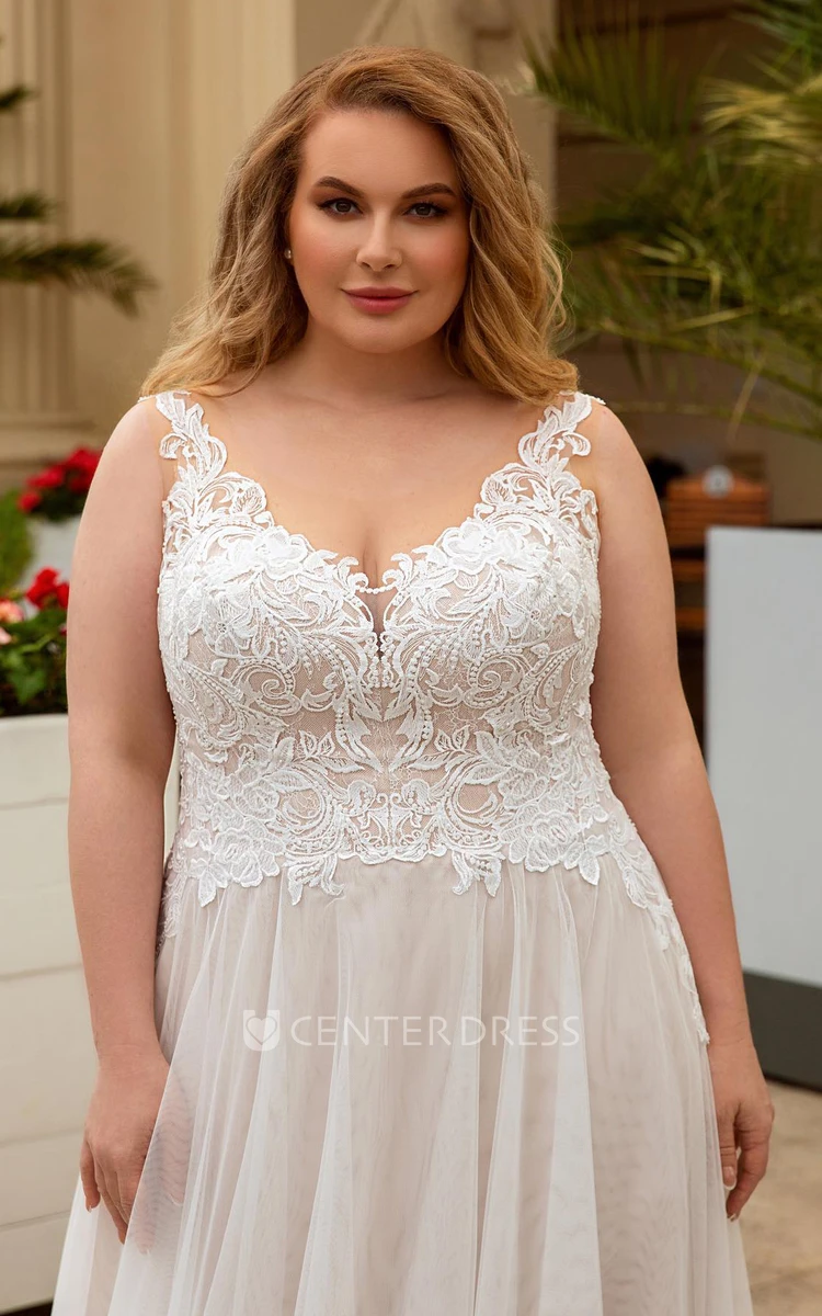 Plus Size A-line Floor-Length Back Hollowed Out With Lining Sleeveless Lace Tulle Wedding Gown