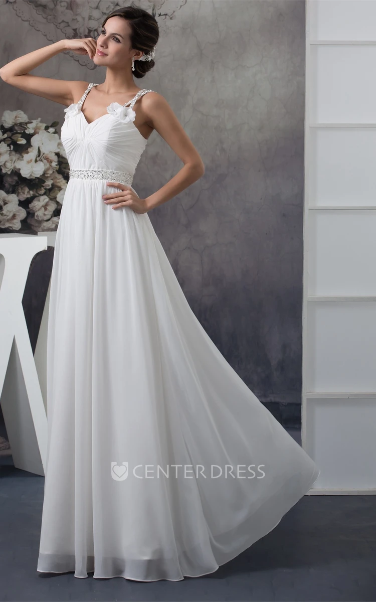 Sleeveless Straps Floor-Length Chiffon Wedding Gown with Crystal Detailing