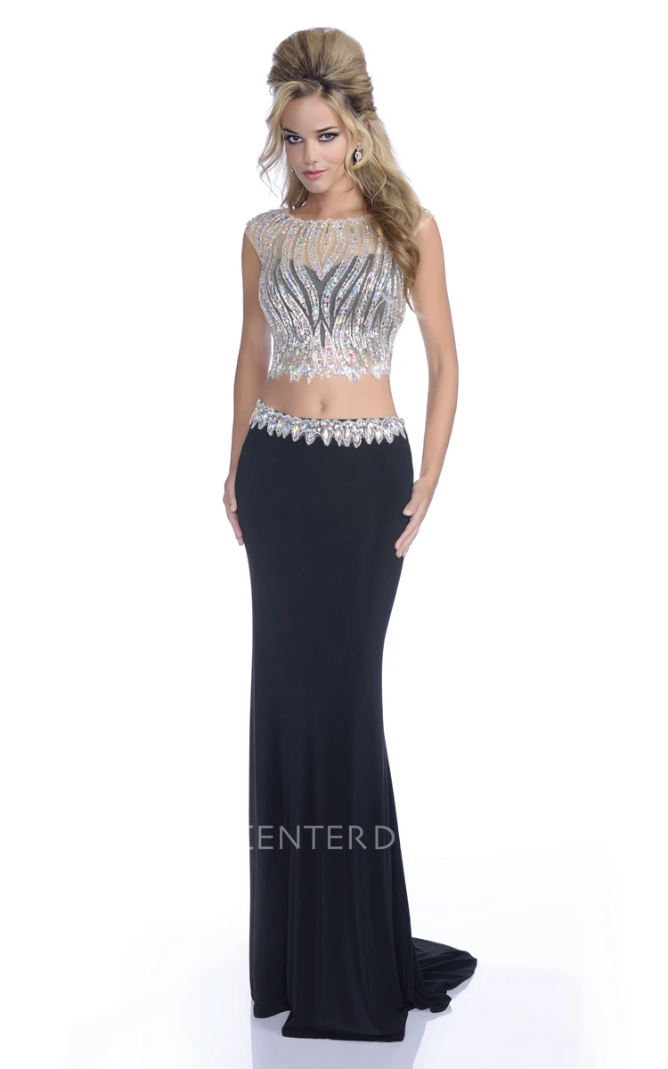 Crop Top Sheath Jersey Scalloped-Edge Neck Prom Dress With Shining Bodice