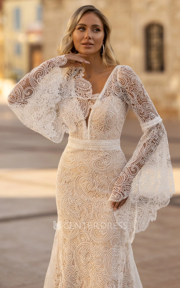 Formal Lace Sculpted V-Neck Elegant Long Sleeve Wedding Dress