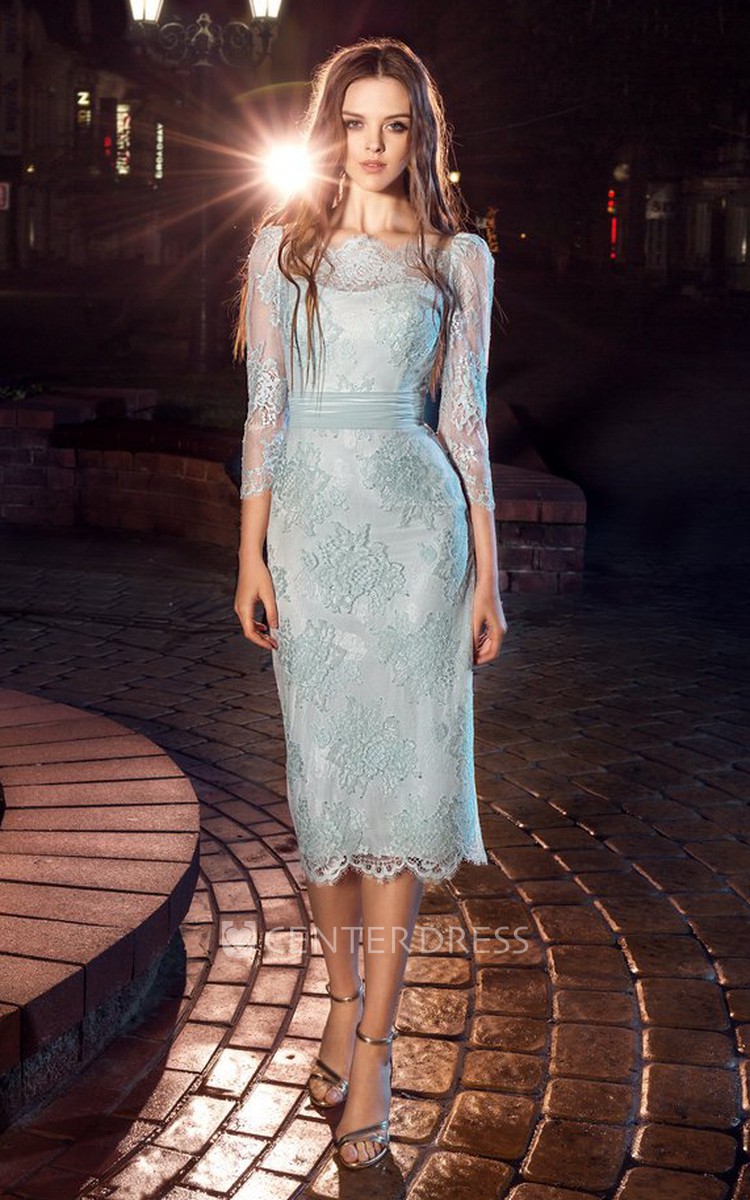 Mint Green Knee Length Dress with Lace Sleeves