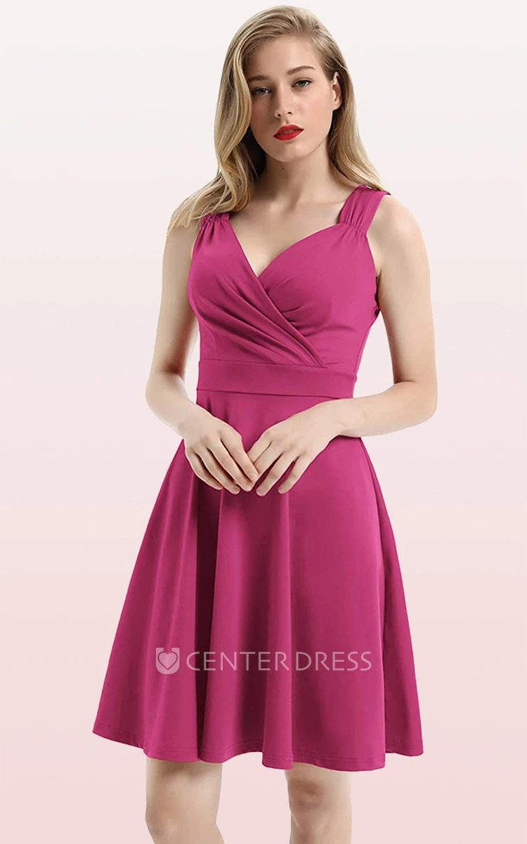 Casual Sleeveless A Line Jersey V-neck Prom Cocktail Dress With Ruffles