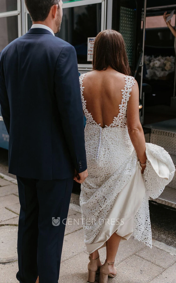 Vintage Sheath V-neck Lace Wedding Dress With Deep-V Back