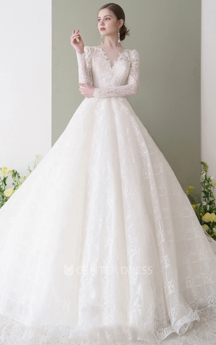 White Ball Gown Wedding Dresses Appliques Long Sleeve Sweep Train Wedding  Gowns