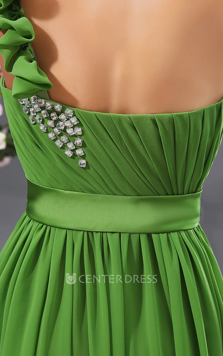 One Shoulder Chiffon A-Line Prom Gown With Crystal Details