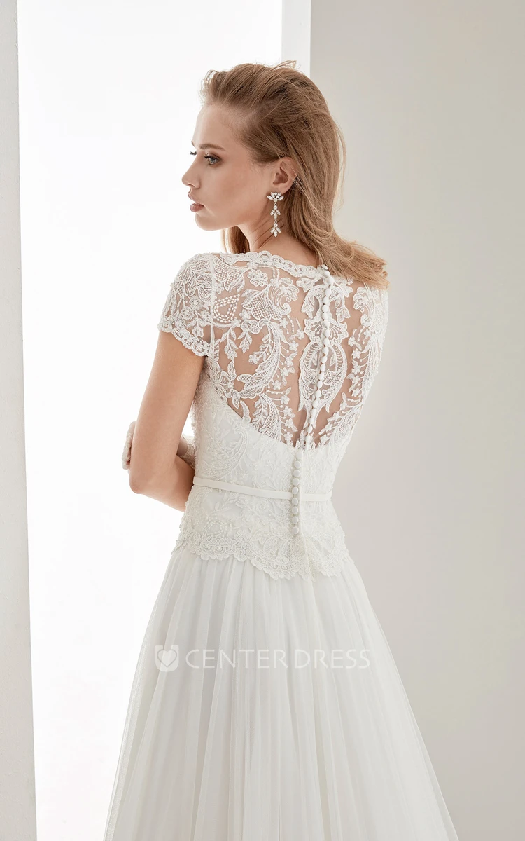 Scalloped-Neck Illusion Draping Wedding Dress With Lace Bodice And T-Shirt Sleeves