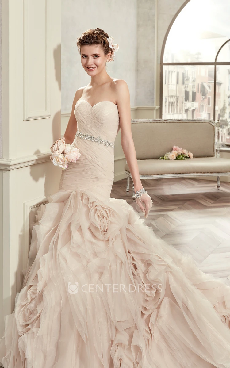 Sweetheart Pleated Bridal Gown With Floral Ruffles And Beaded Belt