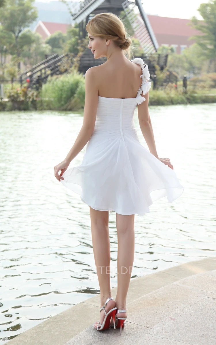 Asymmetrical Chiffon One-Shoulder Knee Length Wedding Dress With Floral Strap