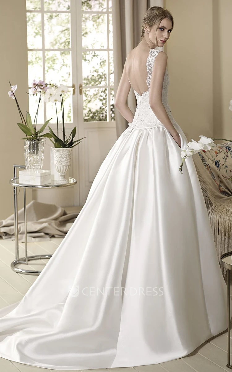 Ball Gown Sleeveless V-Neck Floor-Length Appliqued Satin Wedding Dress