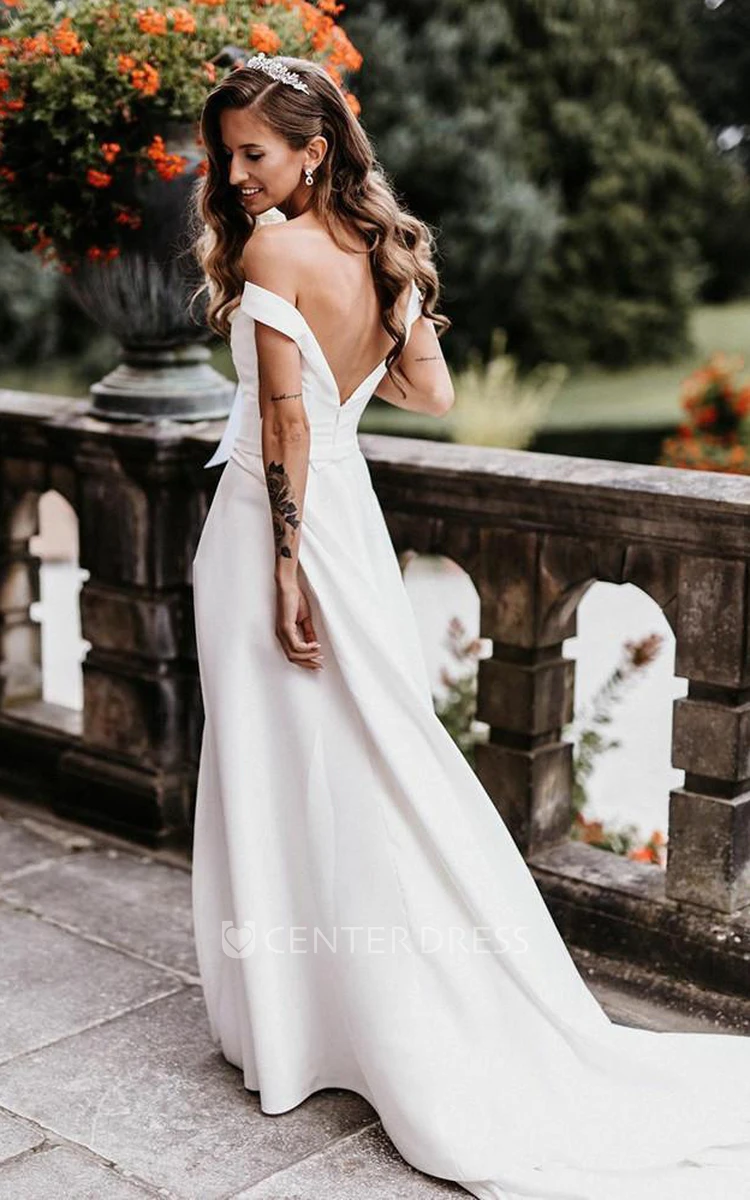 Sexy A Line Satin Off-the-shoulder Floor-length Wedding Dress with Split Front