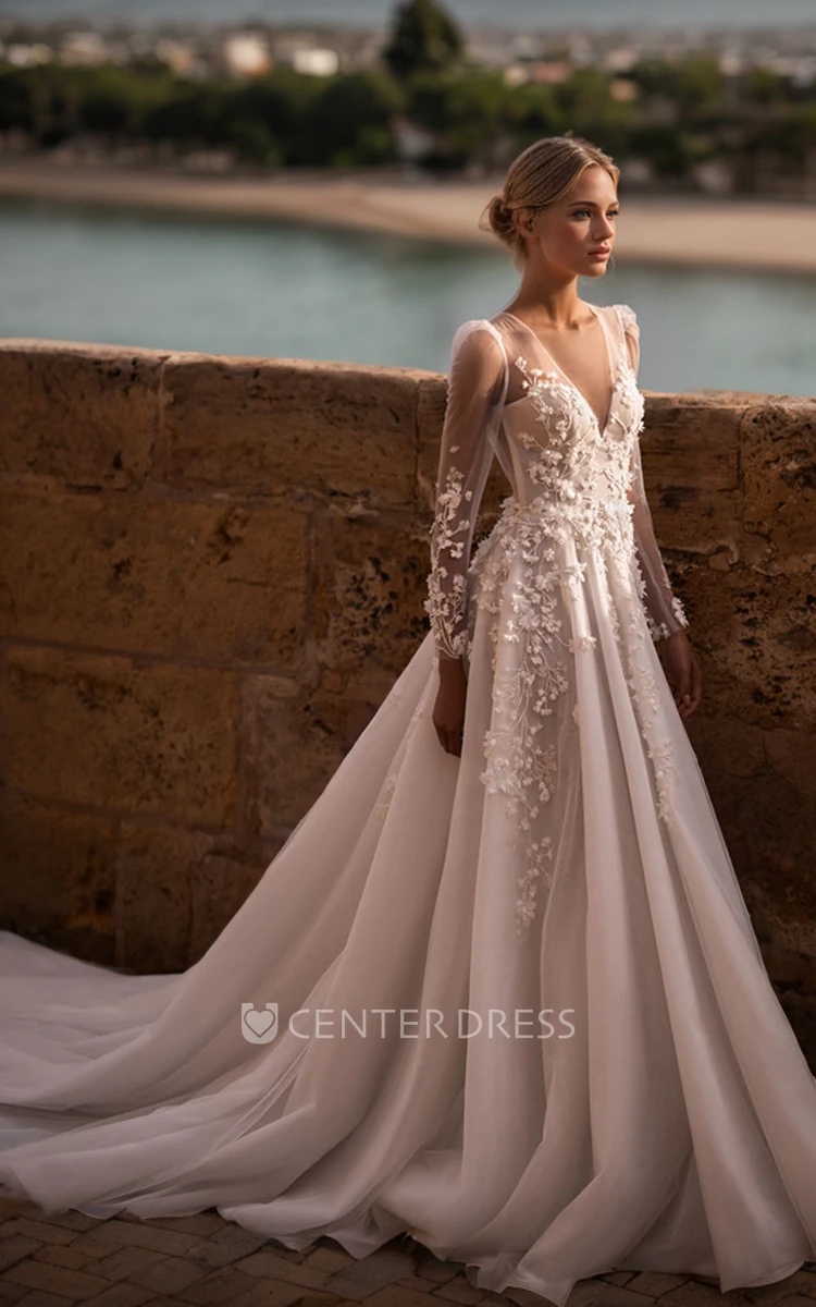 Sexy Elegant Plunging Neckline A-Line Tulle Lace Appliques Wedding Dress Romantic Long Sleeves Floor-length Beading Flowers Backless Bridal Gown with Train