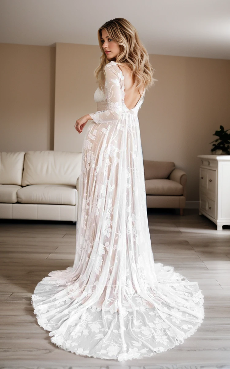 Elegant Lace Tulle Petals A-line Bateau Beach Dress Ethereal Country Casual Open Back Informal Wedding Gown