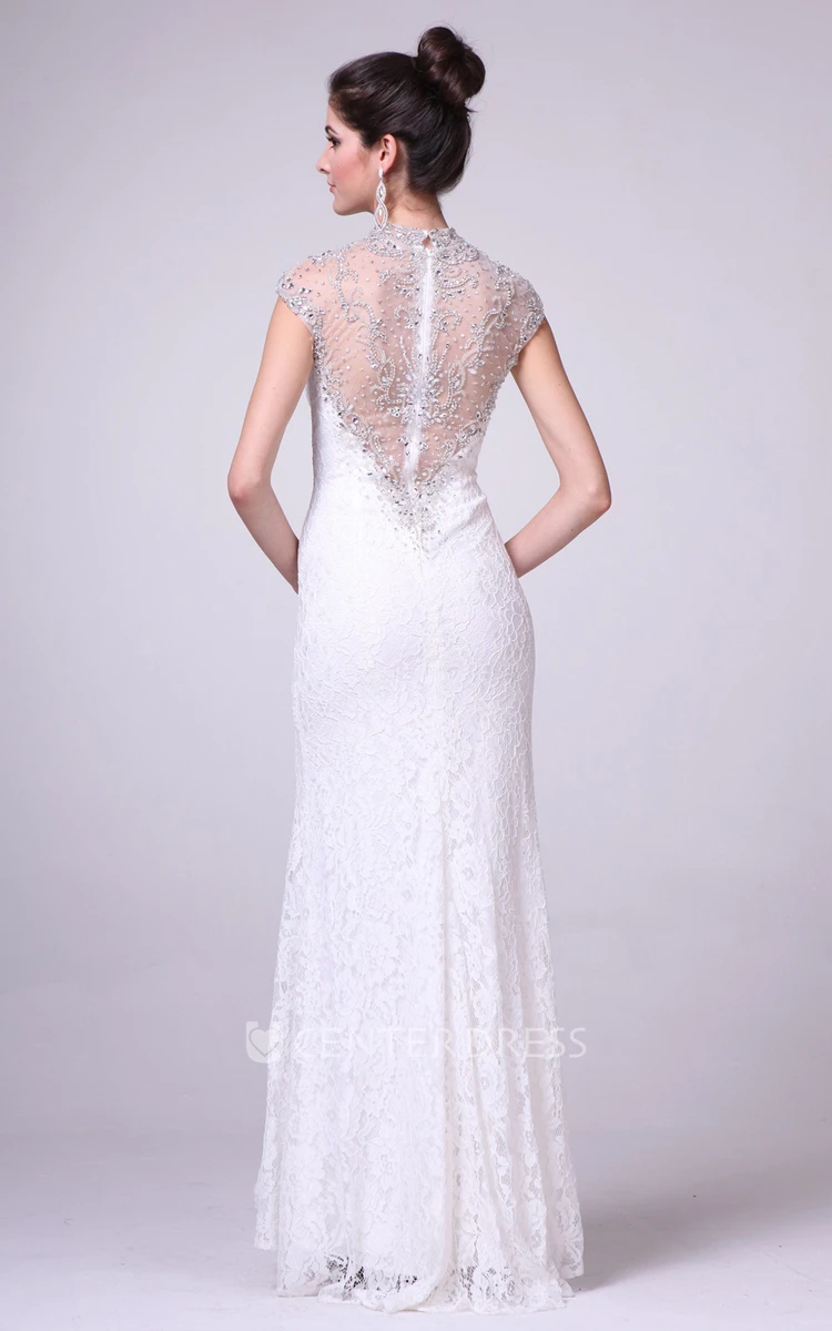 Sheath Maxi High Neck Cap-Sleeve Lace Illusion Dress With Beading And Split Front