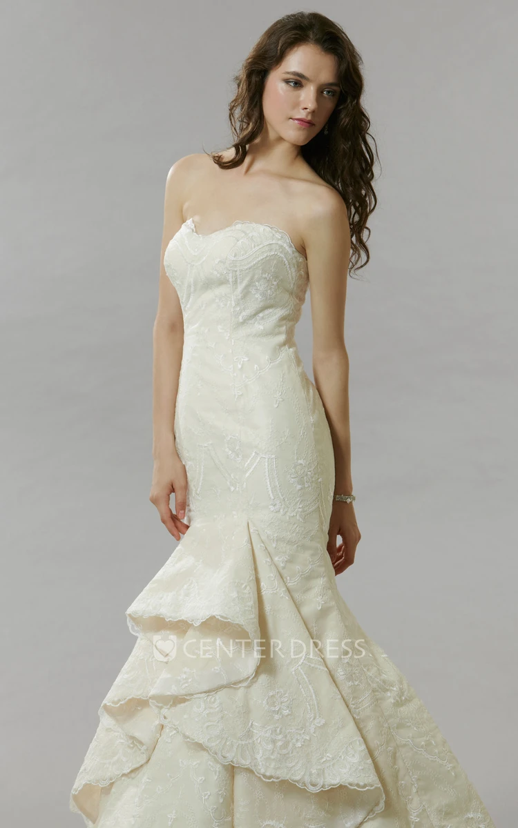 Mermaid Appliqued Strapless Lace Wedding Dress With Draping And Court Train
