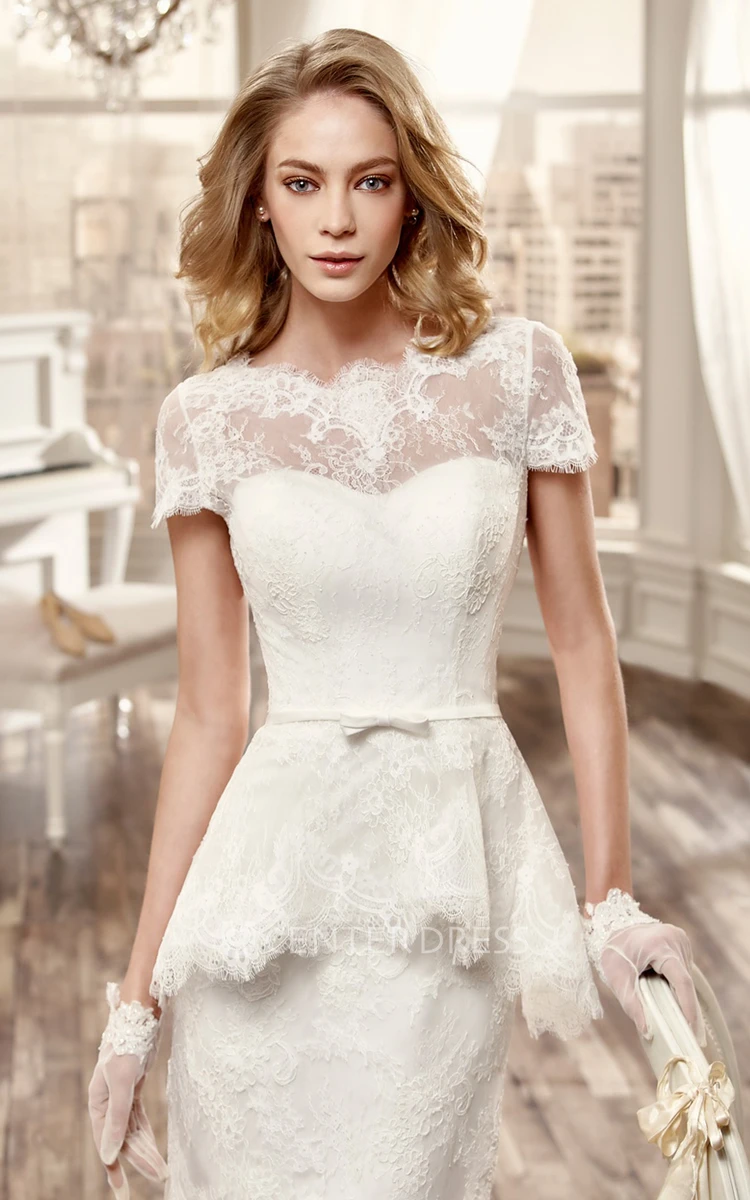 Illusive Short Lace Wedding Dress With T-Shirt Sleeve And Pleats