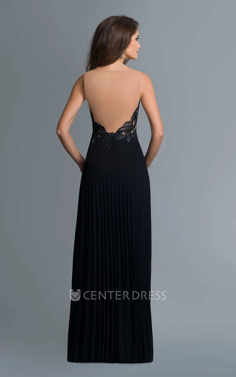 A-Line Scoop-Neck Sleeveless Jersey Illusion Dress With Appliques And Pleats