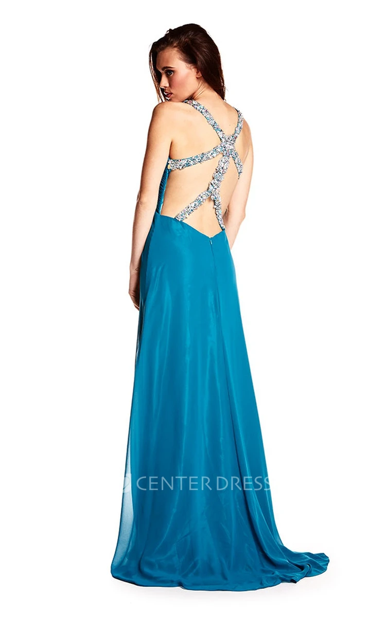 A-Line Ruched Sleeveless Floor-Length Empire Chiffon Prom Dress With Straps And Beading