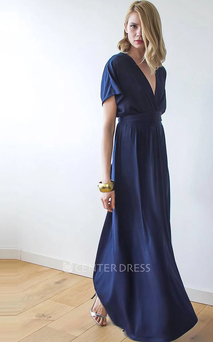 Draped A-line V-neck Gown With Sleeves