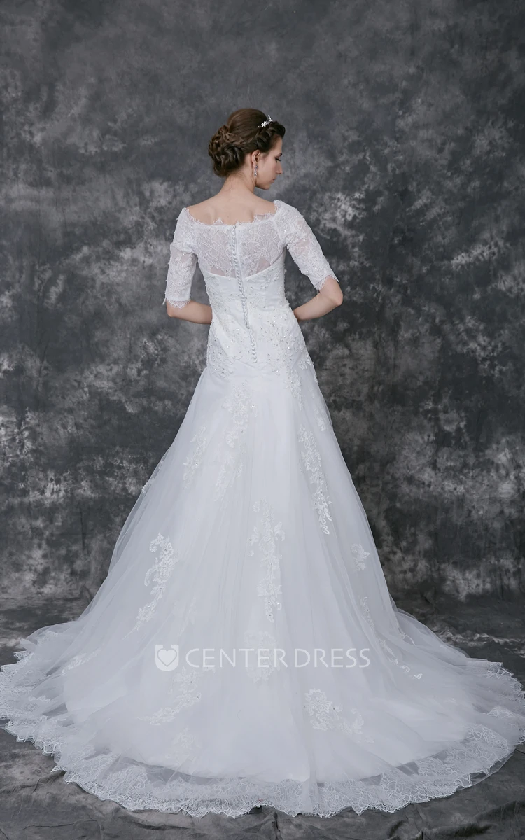 Illusion Half Sleeve A-line Tulle Gown With Lace Appliques and Beading