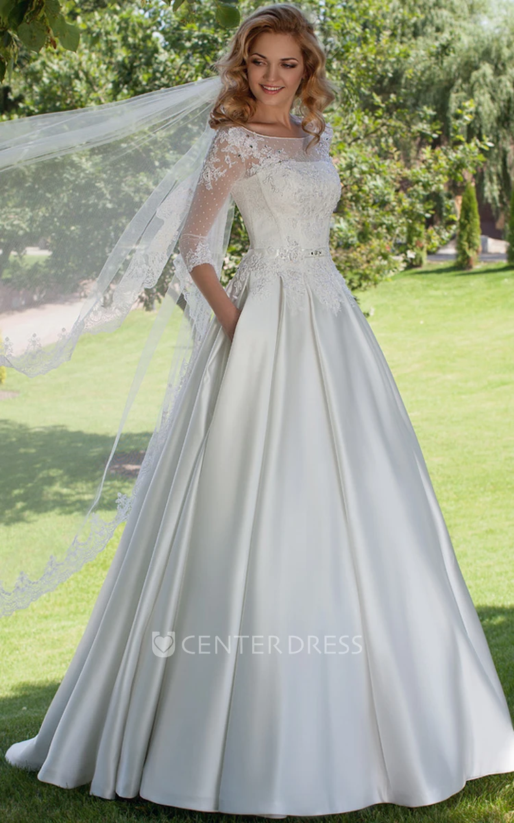 Floor-Length Ball Gown Appliqued Scoop Neck 3-4 Sleeve Satin Wedding Dress