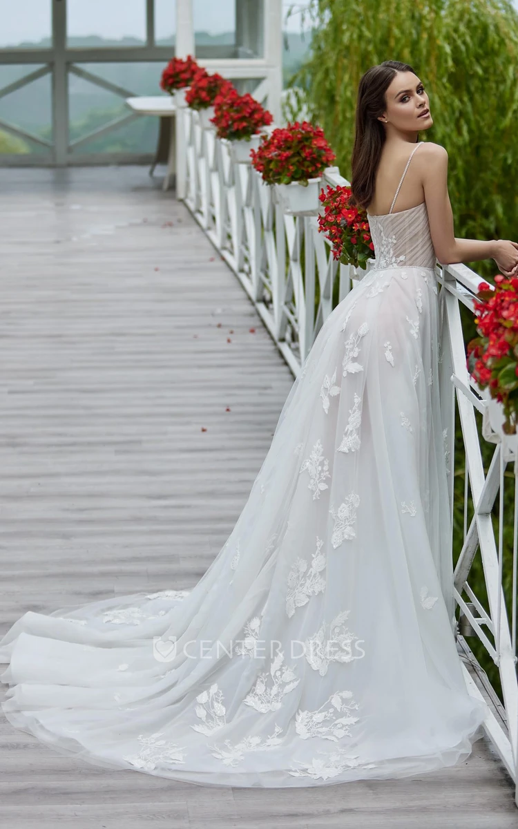 Garden Lace A-Line Wedding Dress with Appliques Open Back Spaghetti Straps Country Wedding Dress