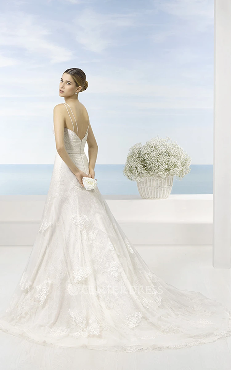 A-Line Sleeveless Appliqued Floor-Length Spaghetti Lace Wedding Dress With Chapel Train And Low-V Back