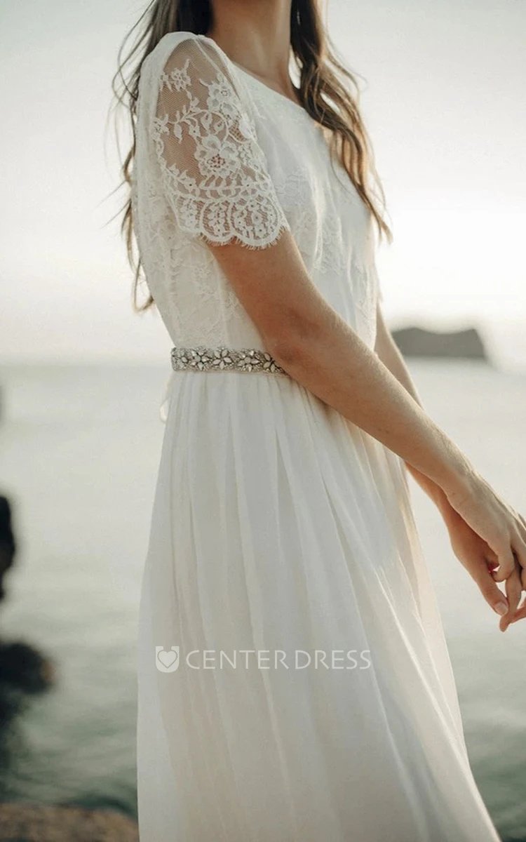 Boho Sheath Bateau Bridal Gown With Short Sleeve And Lace Open Back