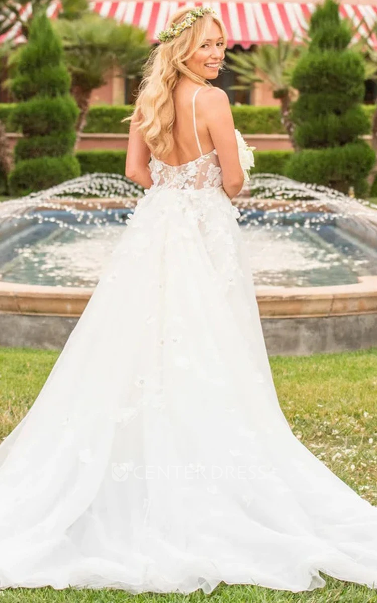 Sexy A-Line Sweetheart Organza Lace Wedding Dress With Open Back And Flower