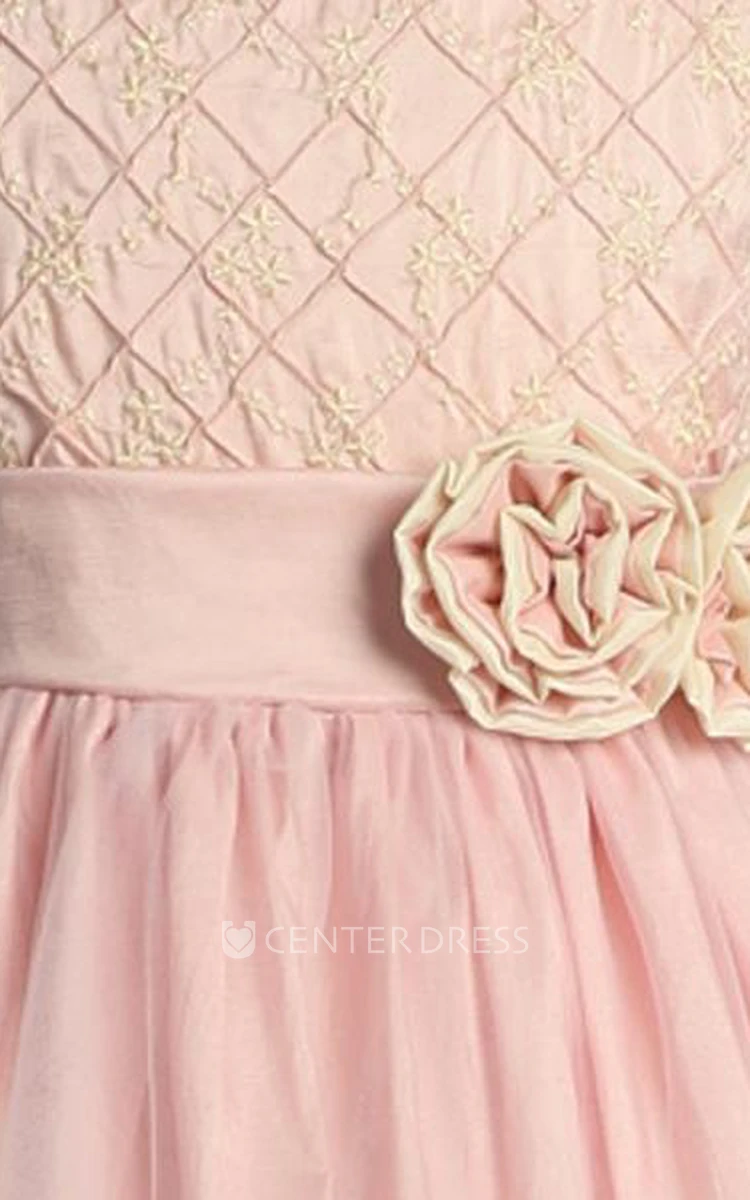 Tea-Length Embroideried Sleeveless Tulle&Taffeta Flower Girl Dress