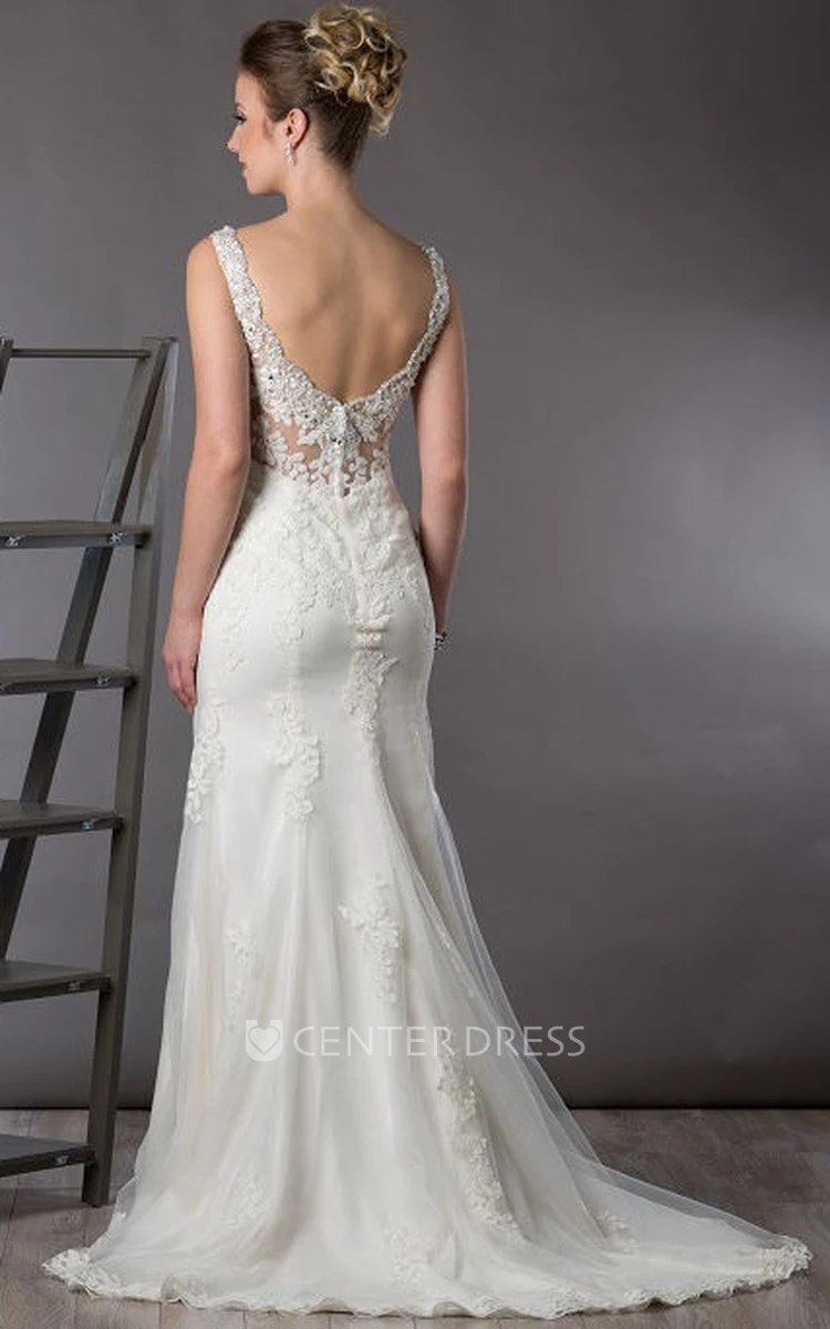 Crystal V Neck Sheath Tulle Bridal Gown With Lace And Open Back