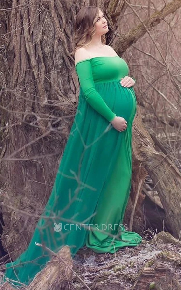 A-line Chiffon Jersey Off-the-shoulder Long Sleeve Cape Split Front Maternity Dress