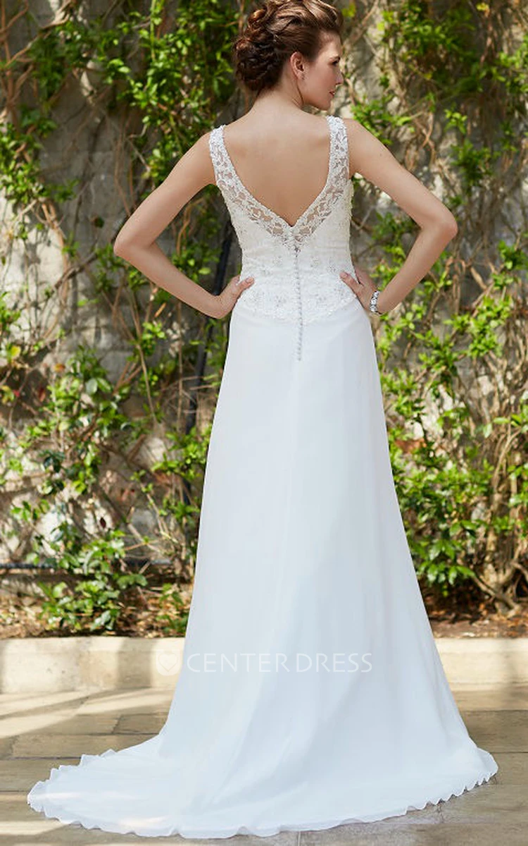 Sleeveless Maxi V-Neck Chiffon Wedding Dress With Beading And V Back