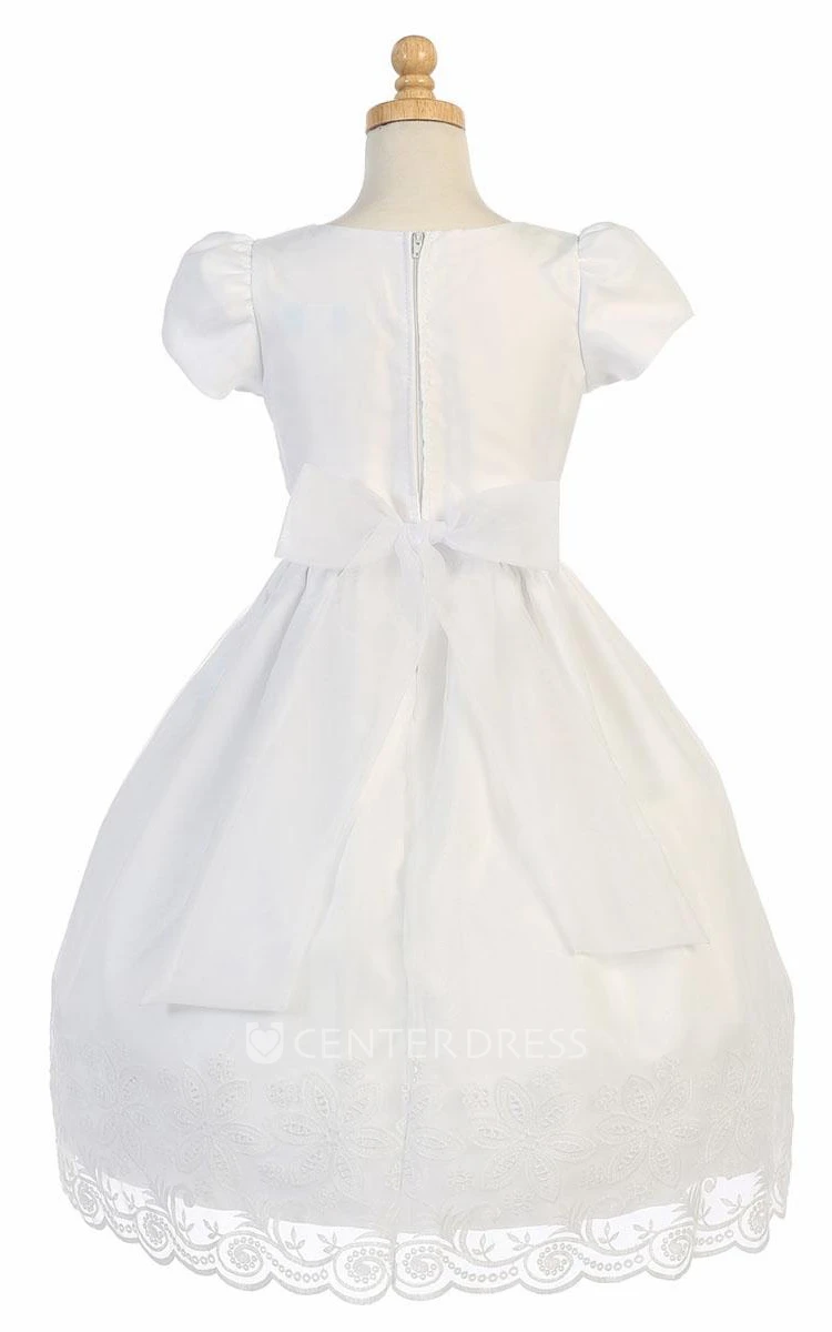 Floral Tea-Length Cap-Sleeve Tiered Organza Flower Girl Dress With Embroidery