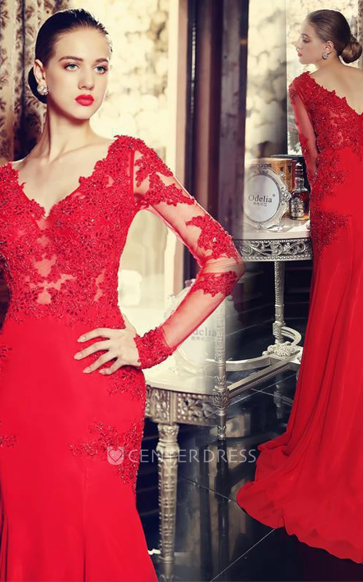 Sexy Red Long Sleeve Mermaid Prom Dress With Lace Appliques Sweep Train