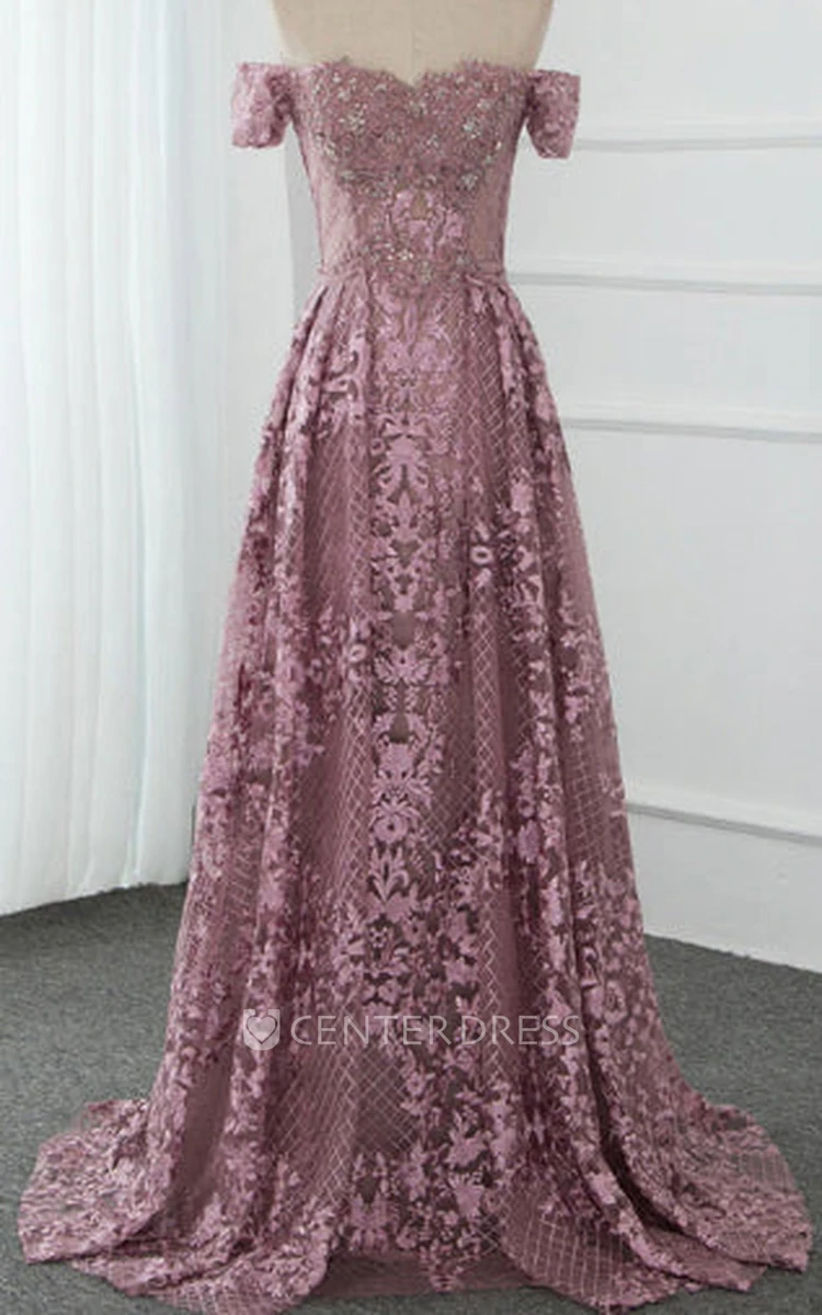 Casual Off-the-shoulder A Line Trumpet Lace Sleeveless Brush Train Evening Dress with Beading