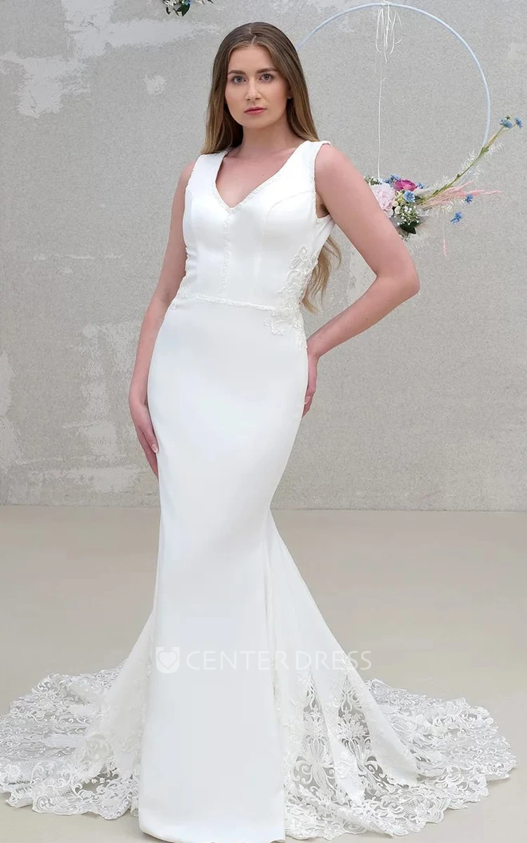 Modern Mermaid Sleeveless Court Train Satin Keyhole Wedding Dress with Appliques