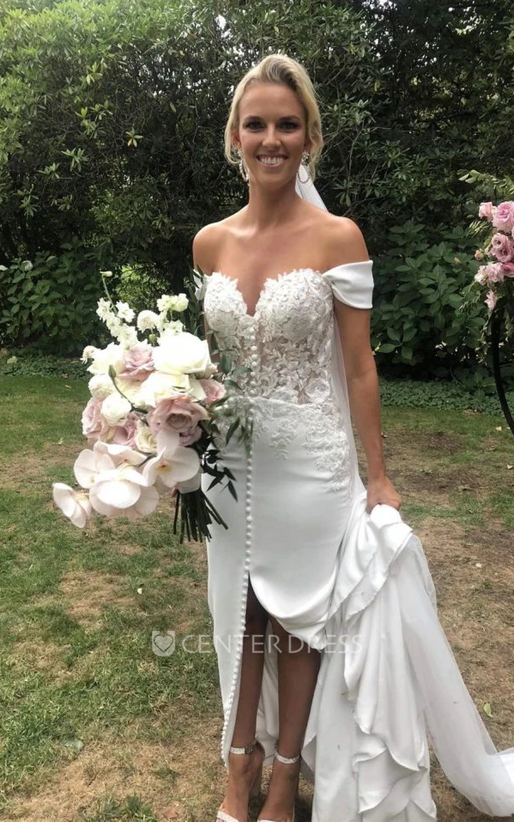 Satin Sexy Split Front Mermaid Off The Shoulder Lace Wedding Dress Satin Sexy Split Front Mermaid Off The Shoulder Lace Wedding Dress