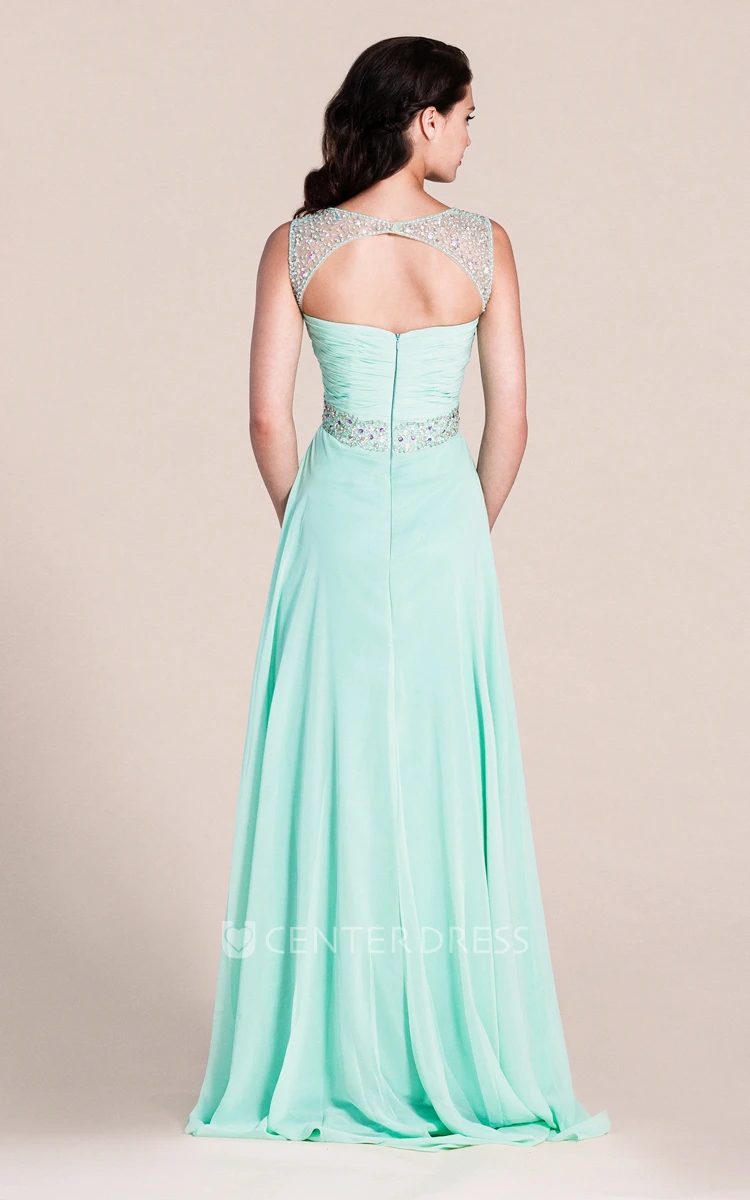 Exquisite Sleeveless Ruched Bodice Chiffon Skirt With Beaded Straps and Waistline