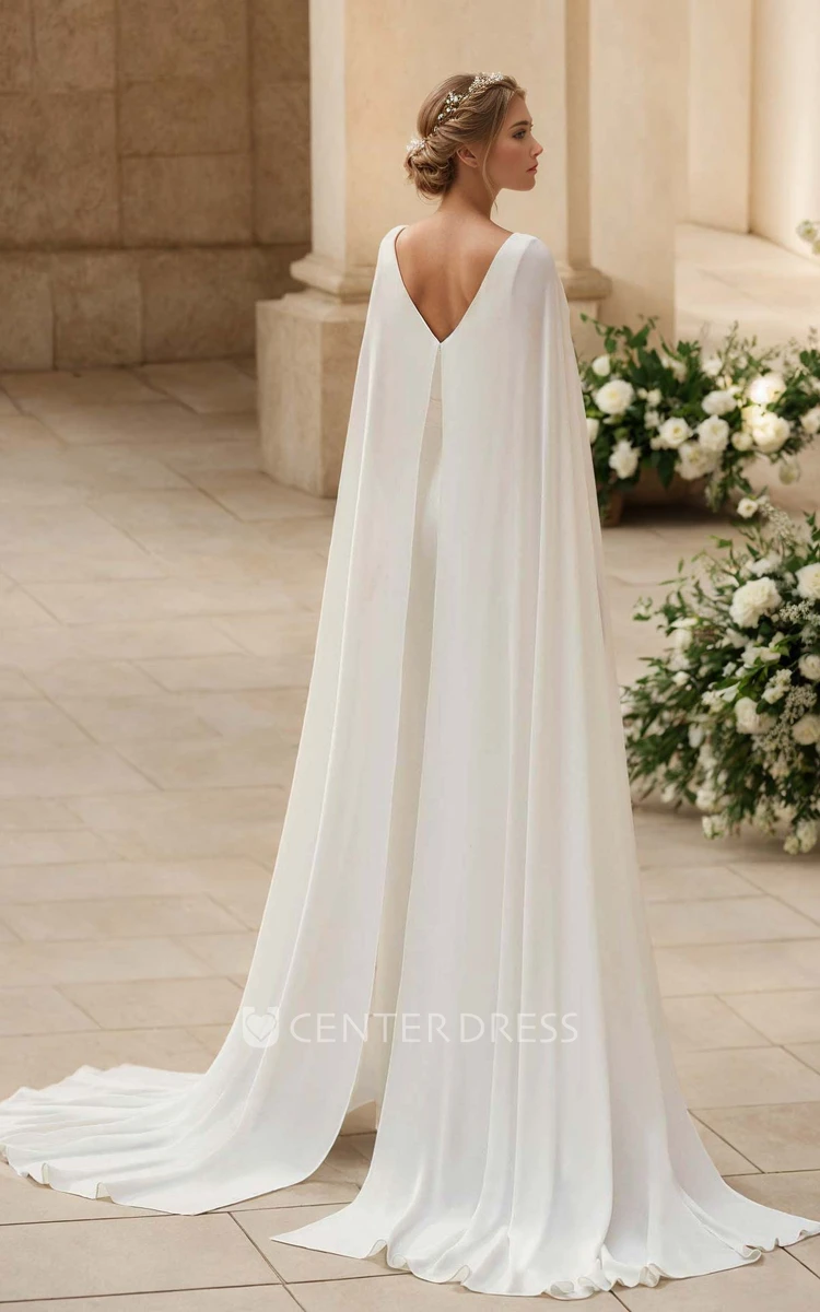 Simple Modern Jumpsuit A-Line Plunging V-neck Chiffon Wedding Dress Elegant Solid Floor-length Sleeveless Sash Low-V Back with Zipper Bridal Gown with Cape