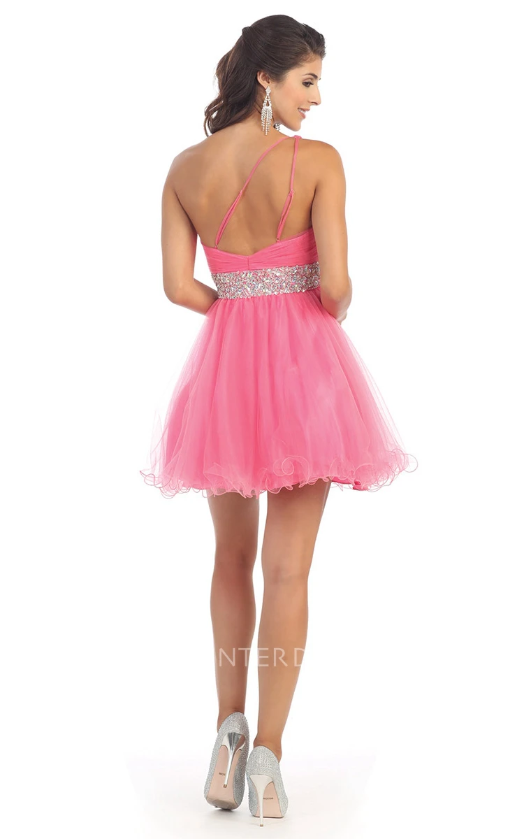 A-Line Mini One-Shoulder Tulle Straps Dress With Ruffles And Waist Jewellery