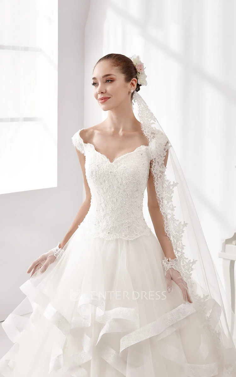 Cap-Sleeve A-Line Wedding Dress With Cascading Ruffles And Lace Corset