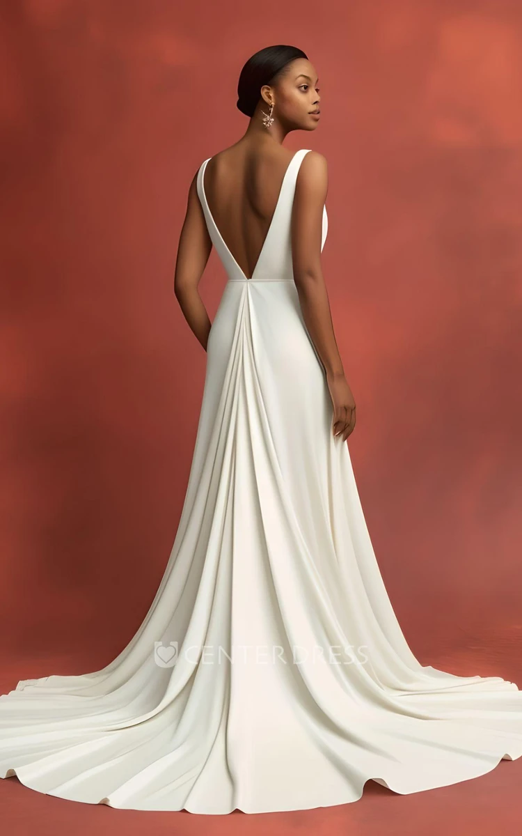 A-Line Satin Wedding Dress Plunging Neckline V-neck Sleeveless Simple Modern