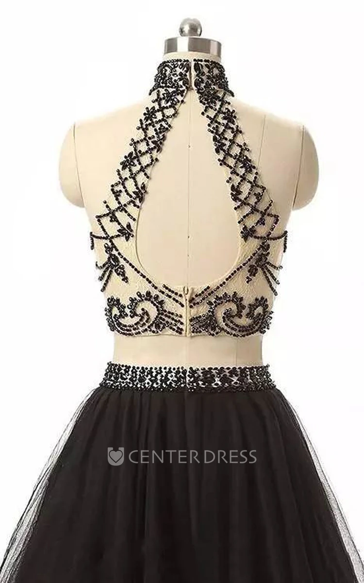 Two Piece High-low Sleeveless High Neck Beading Pleats Ruffles Tulle Homecoming Dress